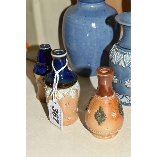 367 - A COLLECTION OF DOULTON LAMBETH STONEWARE ITEMS, comprising a sgraffito jug with blue foliate decora... 