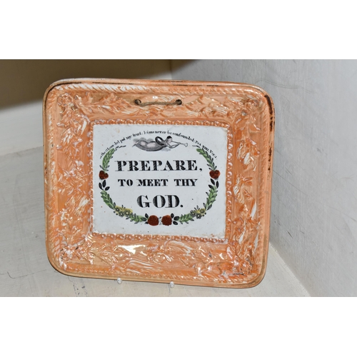 368 - TWO NINETEENTH CENTURY ORANGE LUSTRE WALL PLAQUES, on a religious theme, reading 'Prepare to Meet Th... 