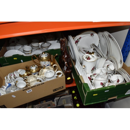 375 - THREE BOXES AND LOOSE CERAMIC KITCHENWARE comprising a box of Sheriden tea and dinner ware to includ... 