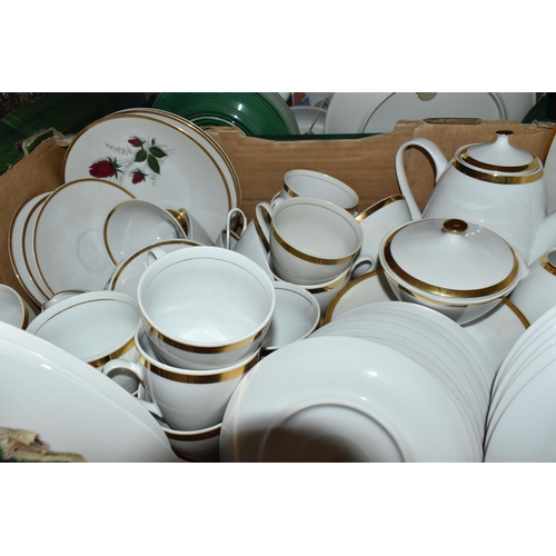 375 - THREE BOXES AND LOOSE CERAMIC KITCHENWARE comprising a box of Sheriden tea and dinner ware to includ... 