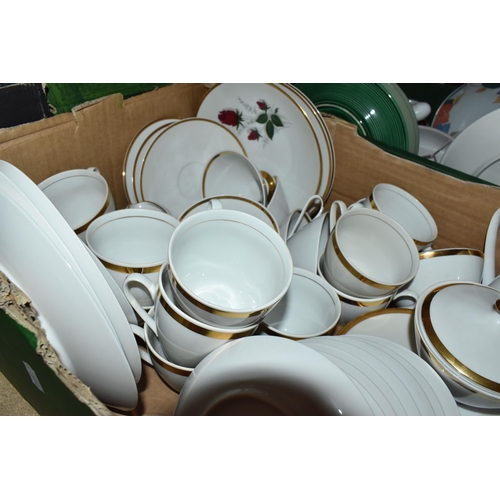 375 - THREE BOXES AND LOOSE CERAMIC KITCHENWARE comprising a box of Sheriden tea and dinner ware to includ... 