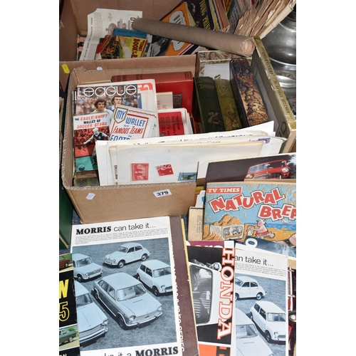 379 - THREE BOXES OF EPHEMERA COMPRISING MOSTLY FOOTBALL, RAILWAY, AND MOTORING INTEREST to include a quan... 