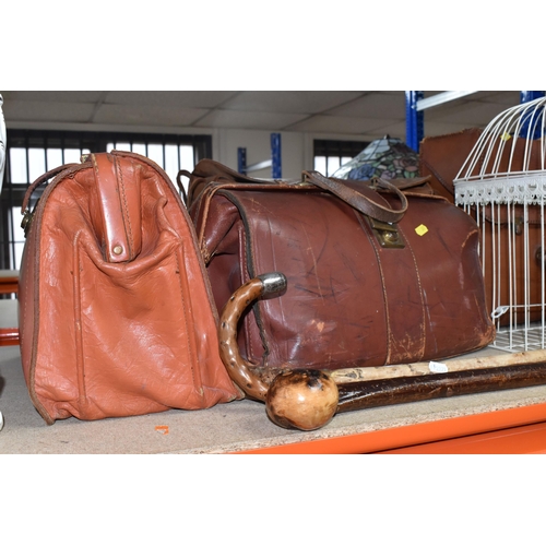 381 - A GROUP OF LARGE ITEMS comprising four leather satchels to include two Cheney expanding bags, a pair... 