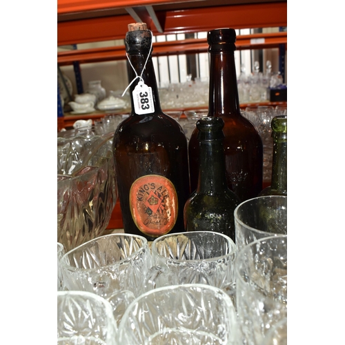 383 - A LARGE QUANTITY OF  ASSORTED GLASSWARE to include seven vintage brown glass ale bottles to include ... 