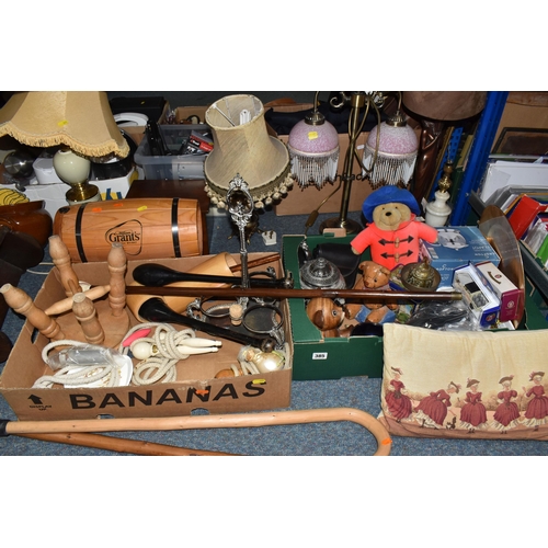 385 - TWO BOXES AND LOOSE MISCELLANEOUS ITEMS to include two vintage skipping ropes, a pair of vintage jug... 