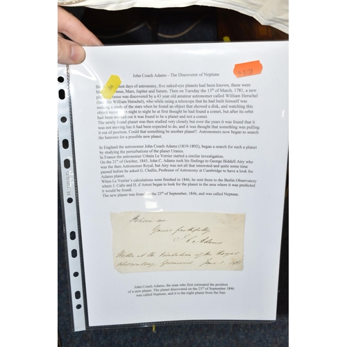 386 - A GROUP OF SPACE RELATED ITEMS, to include a signed piece of paper by John Couch Adams the man who f... 