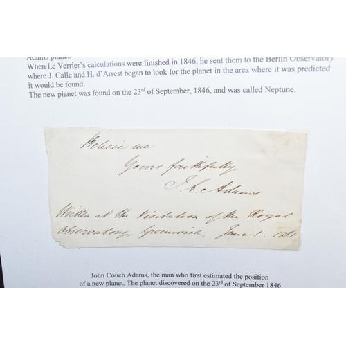 386 - A GROUP OF SPACE RELATED ITEMS, to include a signed piece of paper by John Couch Adams the man who f... 