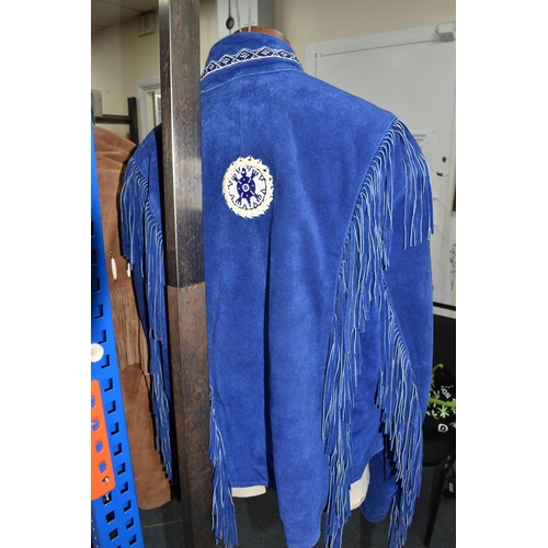 387 - TWO WESTERN STYLE FRINGED JACKETS, a blue leather/suede fringed detail jacket, size XXL, label insid... 