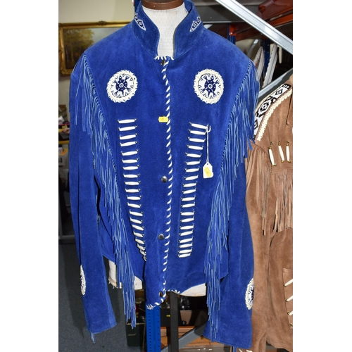 387 - TWO WESTERN STYLE FRINGED JACKETS, a blue leather/suede fringed detail jacket, size XXL, label insid... 