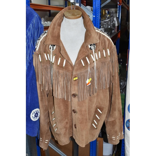 387 - TWO WESTERN STYLE FRINGED JACKETS, a blue leather/suede fringed detail jacket, size XXL, label insid... 