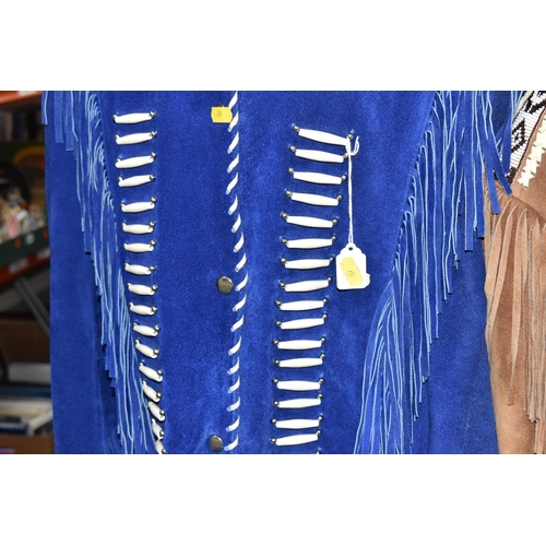 387 - TWO WESTERN STYLE FRINGED JACKETS, a blue leather/suede fringed detail jacket, size XXL, label insid... 