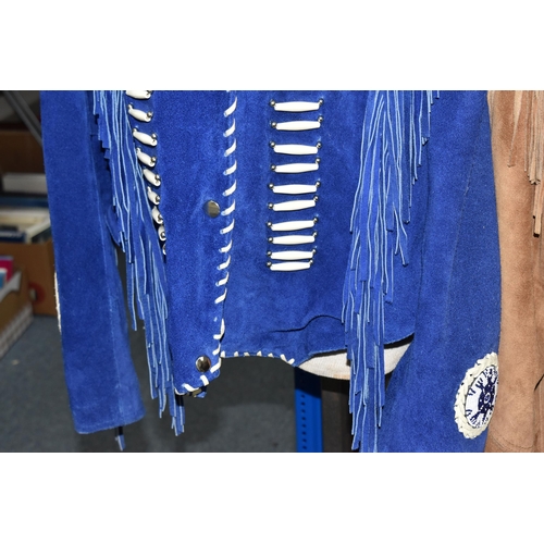 387 - TWO WESTERN STYLE FRINGED JACKETS, a blue leather/suede fringed detail jacket, size XXL, label insid... 