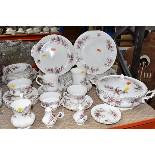 389 - A GROUP OF ROYAL ALBERT 'LAVENDER ROSE' DINNER WARE, comprising covered tureen, two oval serving bow... 