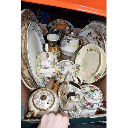 392 - THREE BOXES AND LOOSE CERAMICS, to include two large oriental vases, large Royal Doulton meat plate ... 