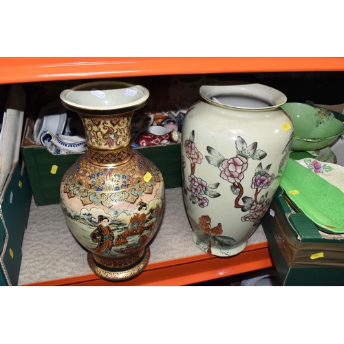 392 - THREE BOXES AND LOOSE CERAMICS, to include two large oriental vases, large Royal Doulton meat plate ... 