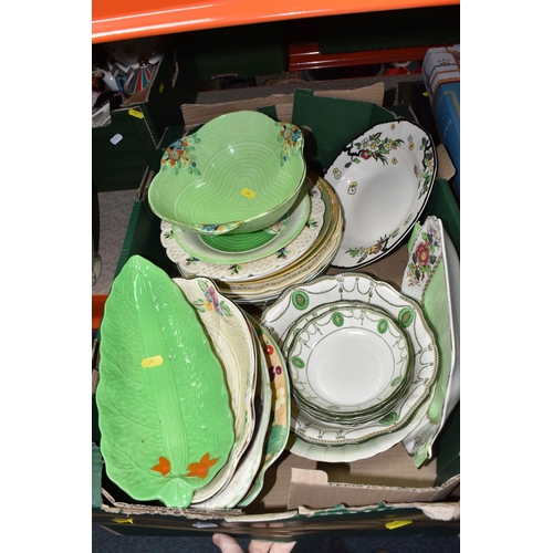 392 - THREE BOXES AND LOOSE CERAMICS, to include two large oriental vases, large Royal Doulton meat plate ... 