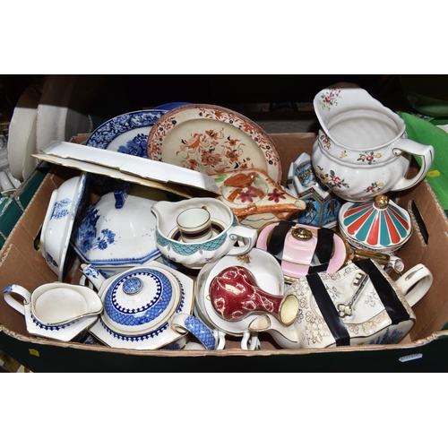 392 - THREE BOXES AND LOOSE CERAMICS, to include two large oriental vases, large Royal Doulton meat plate ... 