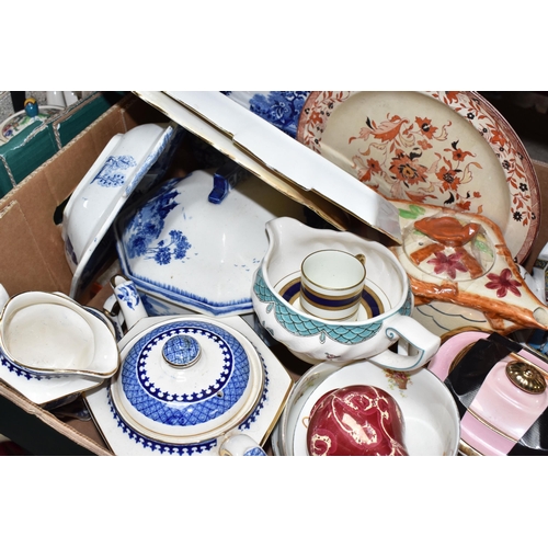 392 - THREE BOXES AND LOOSE CERAMICS, to include two large oriental vases, large Royal Doulton meat plate ... 