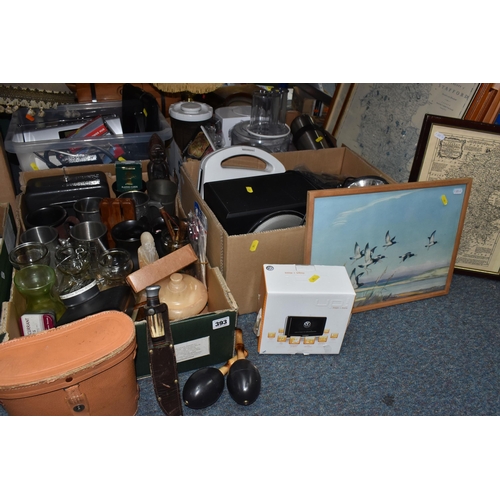 393 - FOUR BOXES AND LOOSE MISCELLANEOUS ITEMS, to include a Kenwood food processor, with various attachme... 