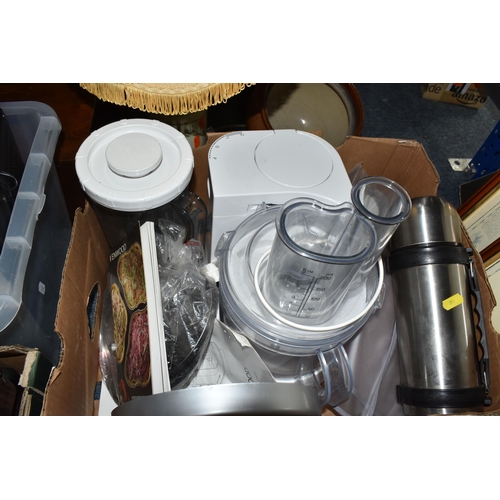 393 - FOUR BOXES AND LOOSE MISCELLANEOUS ITEMS, to include a Kenwood food processor, with various attachme... 