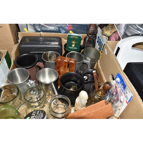 393 - FOUR BOXES AND LOOSE MISCELLANEOUS ITEMS, to include a Kenwood food processor, with various attachme... 