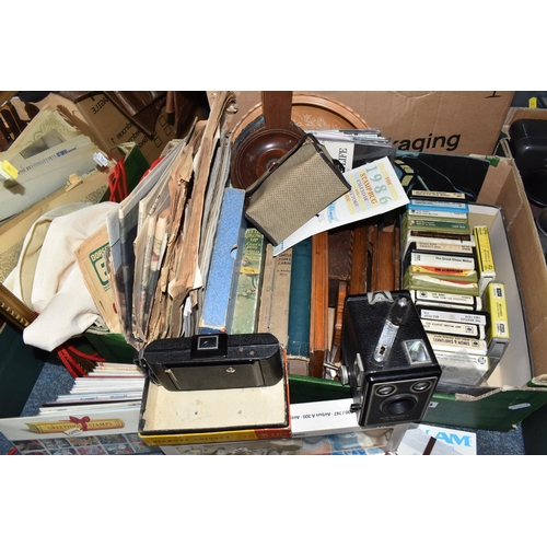 394 - TWO BOXES AND LOOSE MISCELLANEOUS ITEMS, to include Royal Family ephemera, a selection of treen item... 