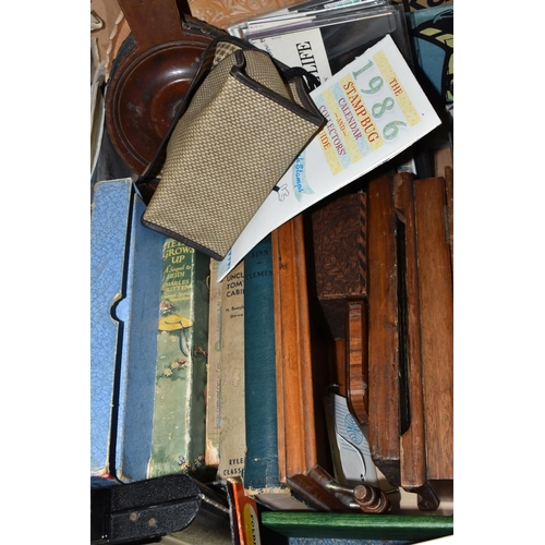 394 - TWO BOXES AND LOOSE MISCELLANEOUS ITEMS, to include Royal Family ephemera, a selection of treen item... 