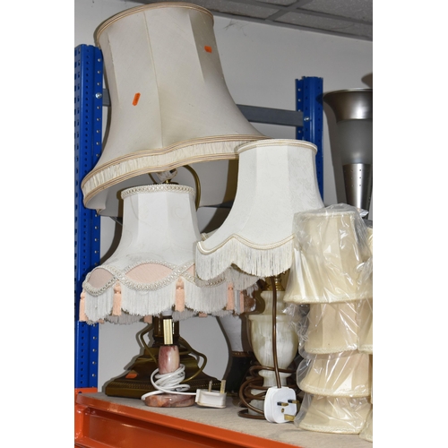 396 - A COLLECTION OF TABLE LAMPS, SHADES, AND MISCELLANEOUS, to include a brass Corinthian column style t... 