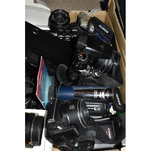 400 - TWO BOXES OF CAMERAS AND MISCELLANEOUS ITEMS, to include retro IMB ThinkPad with leads, a Lilliput L... 