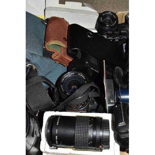 400 - TWO BOXES OF CAMERAS AND MISCELLANEOUS ITEMS, to include retro IMB ThinkPad with leads, a Lilliput L... 