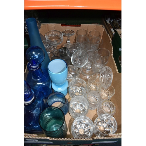 402 - FOUR BOXES OF CERAMICS AND GLASSWARE, to include Doulton Everyday 'Blueberry', dinner plates, side p... 