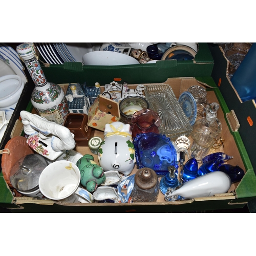 402 - FOUR BOXES OF CERAMICS AND GLASSWARE, to include Doulton Everyday 'Blueberry', dinner plates, side p... 