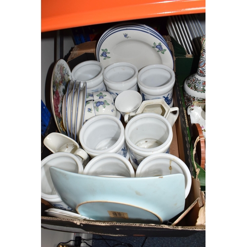 402 - FOUR BOXES OF CERAMICS AND GLASSWARE, to include Doulton Everyday 'Blueberry', dinner plates, side p... 