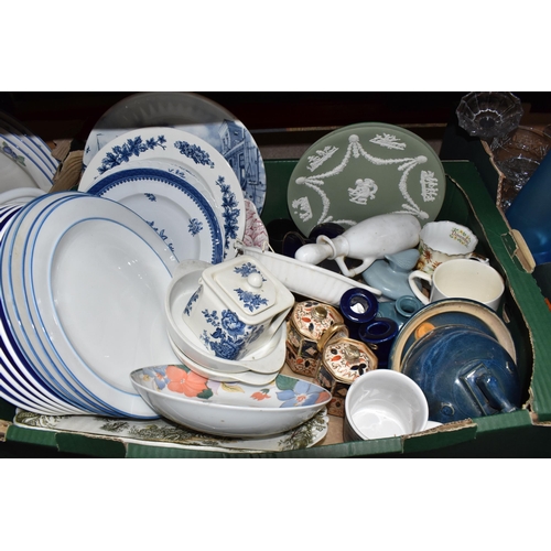 402 - FOUR BOXES OF CERAMICS AND GLASSWARE, to include Doulton Everyday 'Blueberry', dinner plates, side p... 