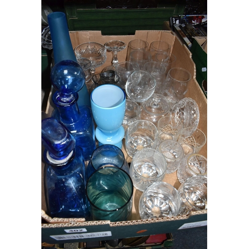 402 - FOUR BOXES OF CERAMICS AND GLASSWARE, to include Doulton Everyday 'Blueberry', dinner plates, side p... 