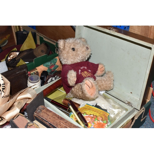 403 - SIX BOXES AND LOOSE SUNDRIES, to include vintage teddy bear, with moving joints, embroidered nose an... 