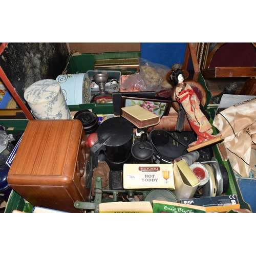 403 - SIX BOXES AND LOOSE SUNDRIES, to include vintage teddy bear, with moving joints, embroidered nose an... 