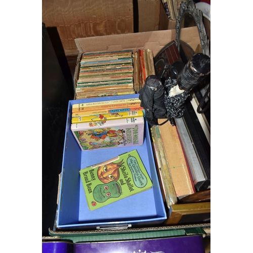 403 - SIX BOXES AND LOOSE SUNDRIES, to include vintage teddy bear, with moving joints, embroidered nose an... 