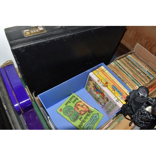 403 - SIX BOXES AND LOOSE SUNDRIES, to include vintage teddy bear, with moving joints, embroidered nose an... 