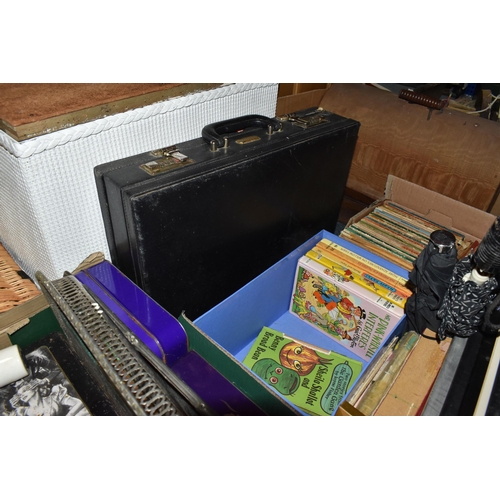 403 - SIX BOXES AND LOOSE SUNDRIES, to include vintage teddy bear, with moving joints, embroidered nose an... 