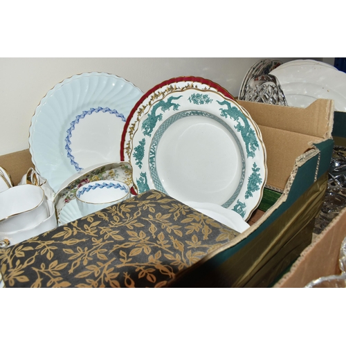 408 - FOUR BOXES AND LOOSE CERAMIC AND GLASSWARE to include a box of Royal Cauldron 'Victoria Dinnerware' ... 