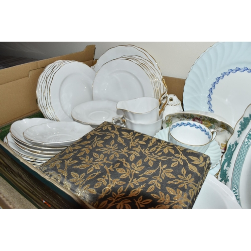 408 - FOUR BOXES AND LOOSE CERAMIC AND GLASSWARE to include a box of Royal Cauldron 'Victoria Dinnerware' ... 