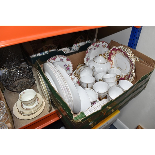 408 - FOUR BOXES AND LOOSE CERAMIC AND GLASSWARE to include a box of Royal Cauldron 'Victoria Dinnerware' ... 