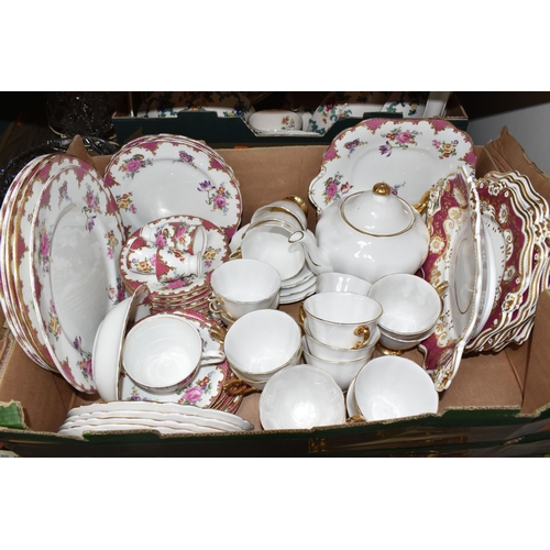 408 - FOUR BOXES AND LOOSE CERAMIC AND GLASSWARE to include a box of Royal Cauldron 'Victoria Dinnerware' ... 