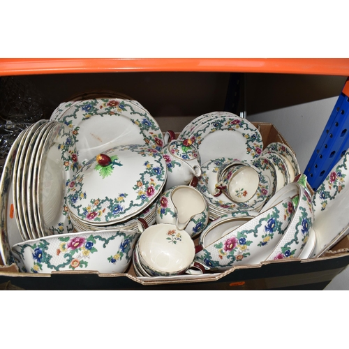 408 - FOUR BOXES AND LOOSE CERAMIC AND GLASSWARE to include a box of Royal Cauldron 'Victoria Dinnerware' ... 