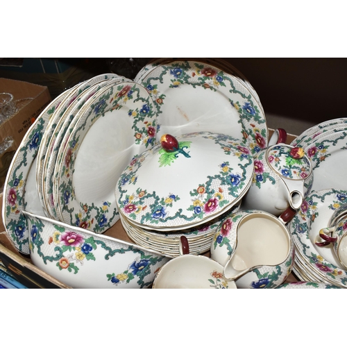 408 - FOUR BOXES AND LOOSE CERAMIC AND GLASSWARE to include a box of Royal Cauldron 'Victoria Dinnerware' ... 