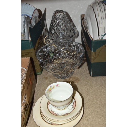 408 - FOUR BOXES AND LOOSE CERAMIC AND GLASSWARE to include a box of Royal Cauldron 'Victoria Dinnerware' ... 