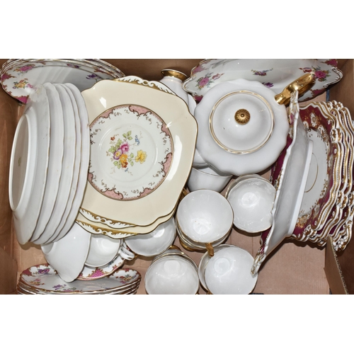 408 - FOUR BOXES AND LOOSE CERAMIC AND GLASSWARE to include a box of Royal Cauldron 'Victoria Dinnerware' ... 