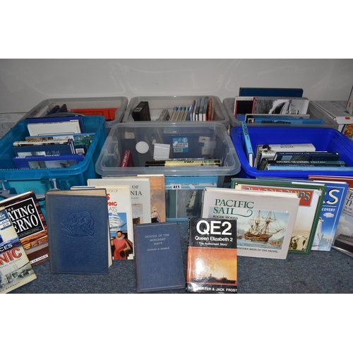 411 - SIX BOXES OF NAVAL / SHIPPING BOOKS containing approximately 110 miscellaneous titles, mostly in har... 