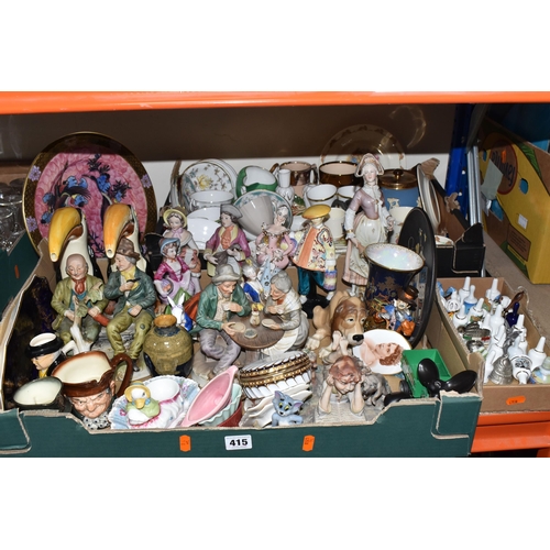 415 - TWO BOXES AND A TRAY OF MOSTLY CERAMIC DECORATIONS to include a group of Royal Doulton Bunnykins bre... 